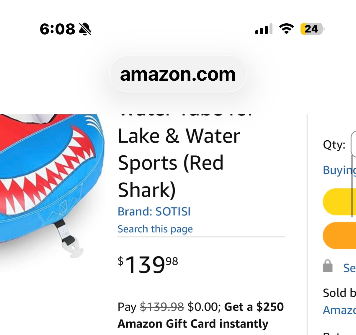 Towable Tube for Boating, 1–2 Person Inflatable Towable Tube with Quick Connect, Heavy Duty 840D Nylon Water Tube for Lake & Water Sports (Red Shark)