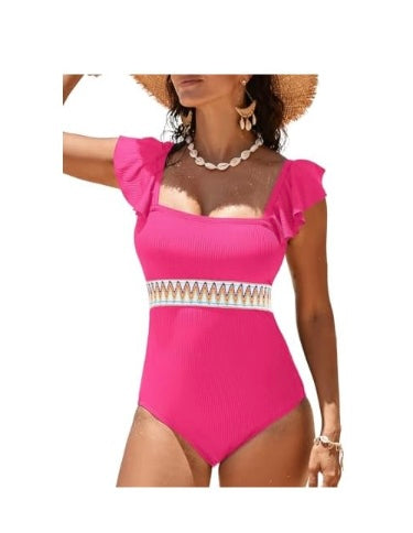 Aleumdr Women's One Piece Swimsuit Ruffle Tummy Control Bathing Suits Color Block Ribbed Swimwear, Hot Pink (Size Large)