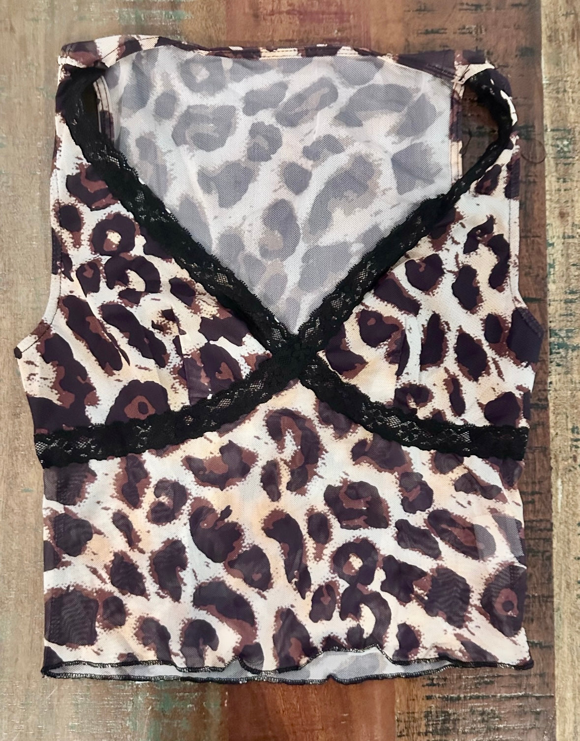 Women's Leopard Print Lace Trim Crop Top, VNeck Sleeveless Summer Tank Top (Size Small)