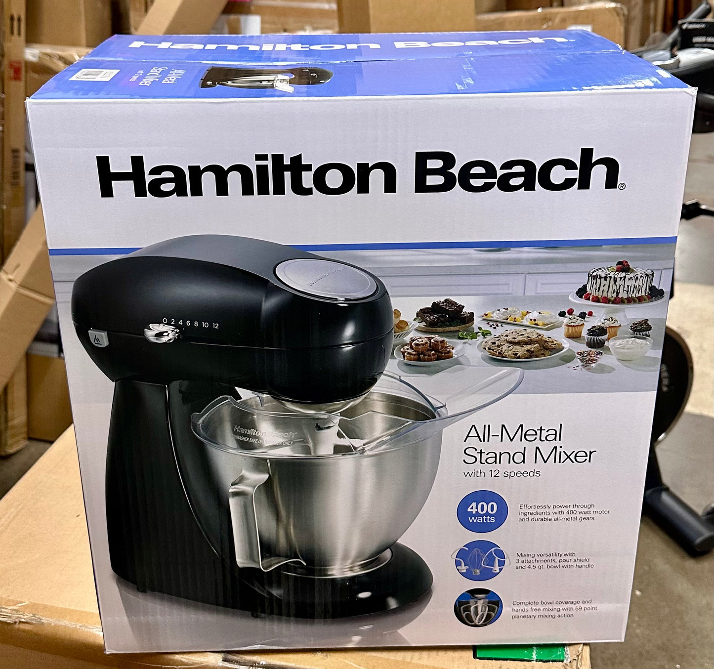 Hamilton Beach Die-Cast Metal Classic Electric Stand Mixer, 12 Speeds, 4.5-Quart Stainless Steel Bowl, Includes Flat Beater, Whisk, Dough Hook & Pour Shield, Powder-Coated Black Finish (R897)