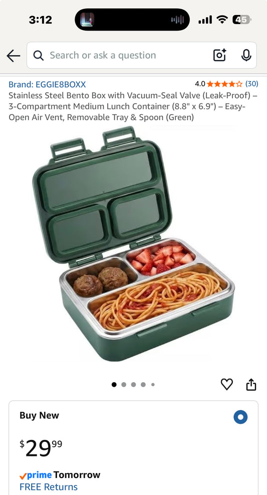 Stainless Steel Bento Box with Vacuum-Seal Valve (Leak-Proof) – 3-Compartment Medium Lunch Container (8.8" x 6.9") – Easy-Open Air Vent, Removable Tray & Spoon (Green