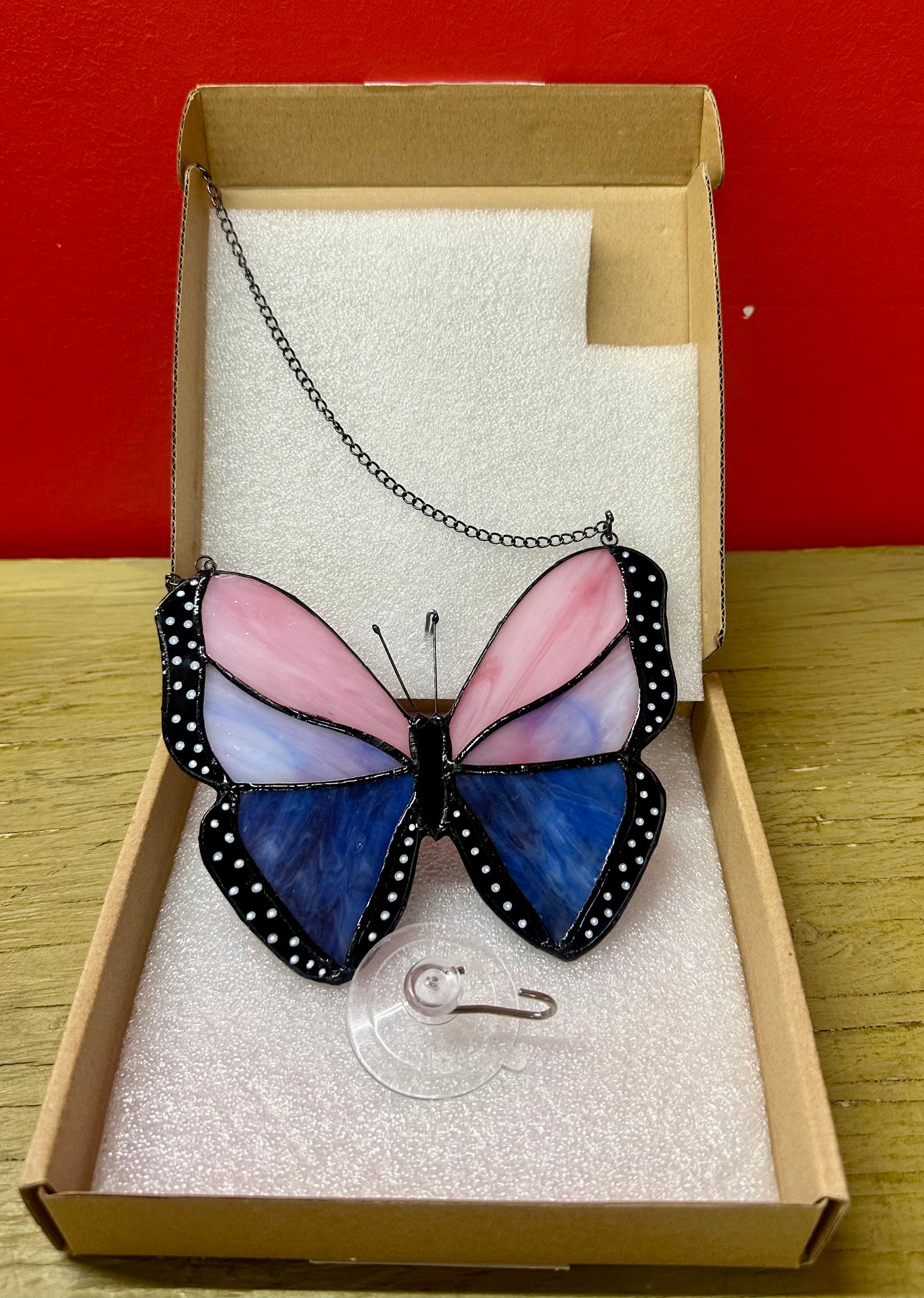 JIABEI butterfly stained-glass-style window suncatcher, in the pink/purple/blue butterfly design.