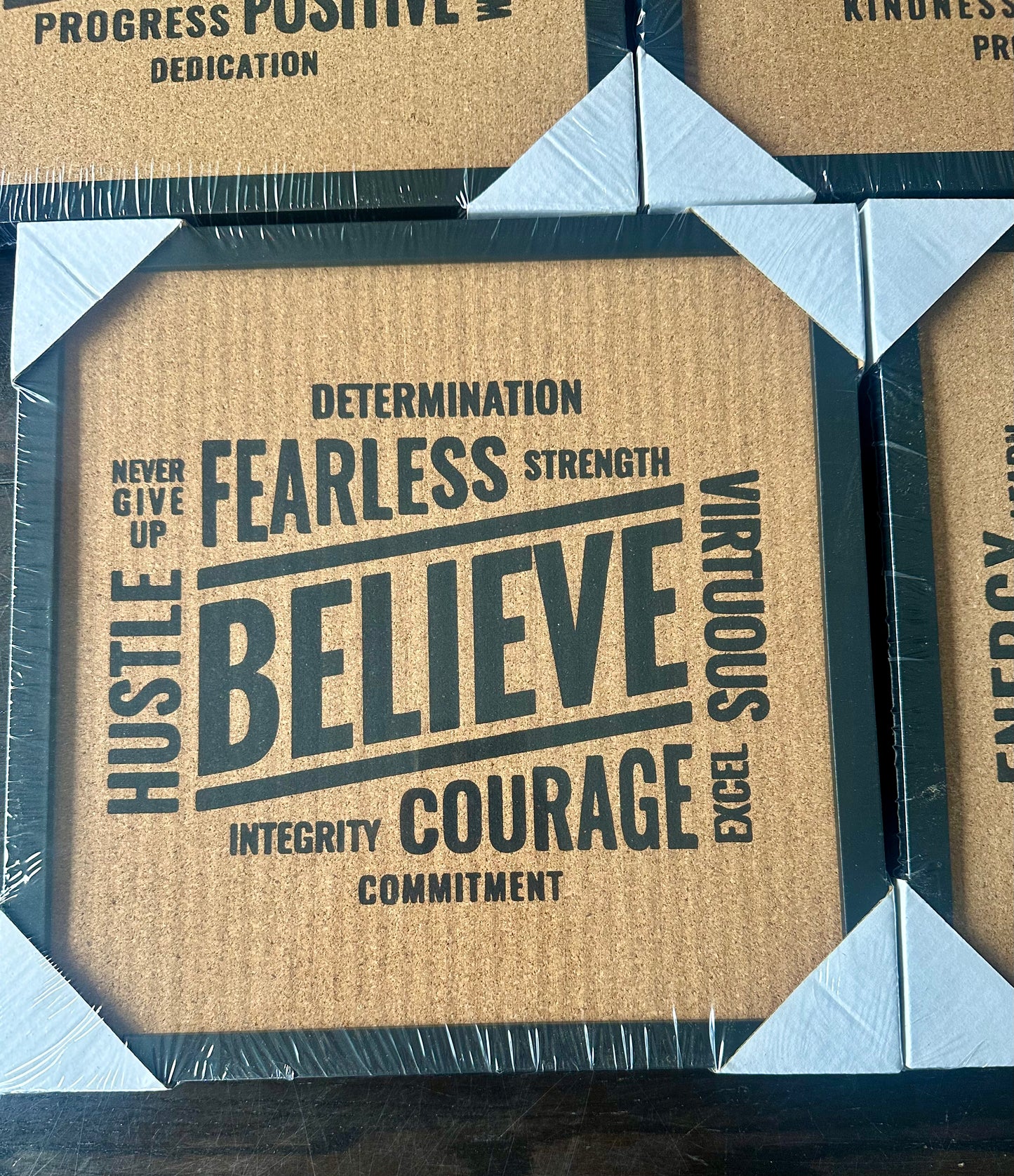 Framed Cork Boards, 4 Pack, 12" x 12" with Motivational Words for Home, School - Mini Durable Pin Boards for Walls - All Purpose BupatiesBoard for Teachers - Premium Office