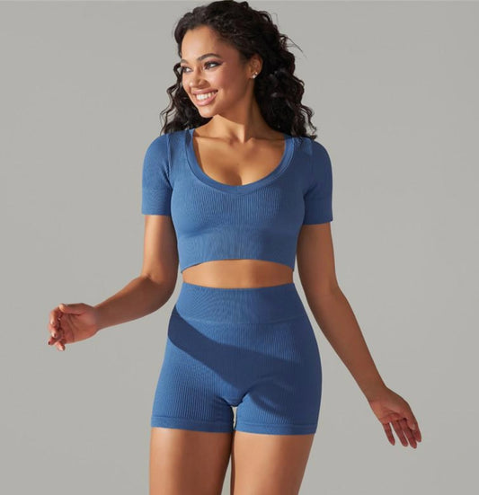 2 Piece Stretch Seamless Ribbed Crop High Waist Shorts Yoga Set (Size L)