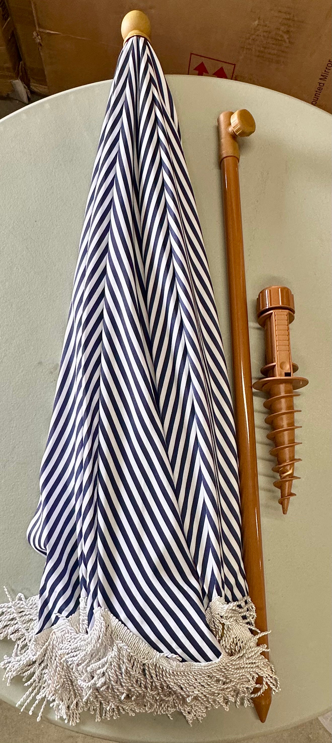 Blue and White Boho Beach Umbrella with Fringe and Tassels with Tilt Button and Sand Anchor (W452)