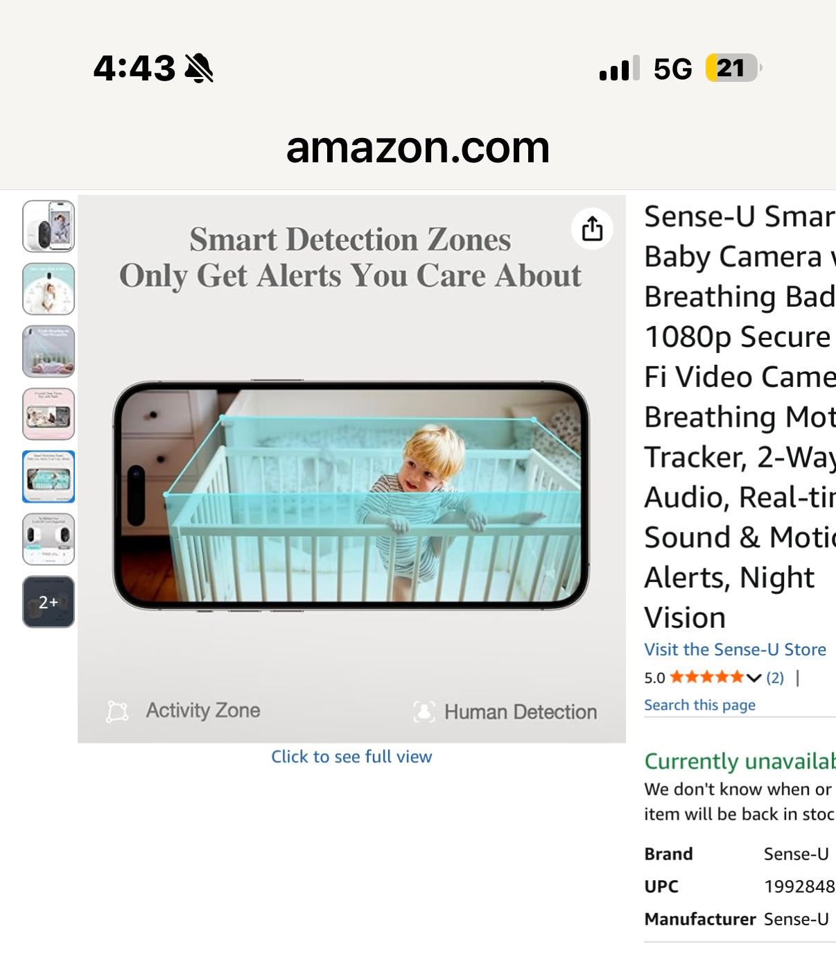 Sense-U Smart Baby Camera with Breathing Badge - 1080p Secure WiFi Video Camera, Breathing Motion Tracker, 2-Way Audio, Real-time Sound & Motion Alerts, Night Vision