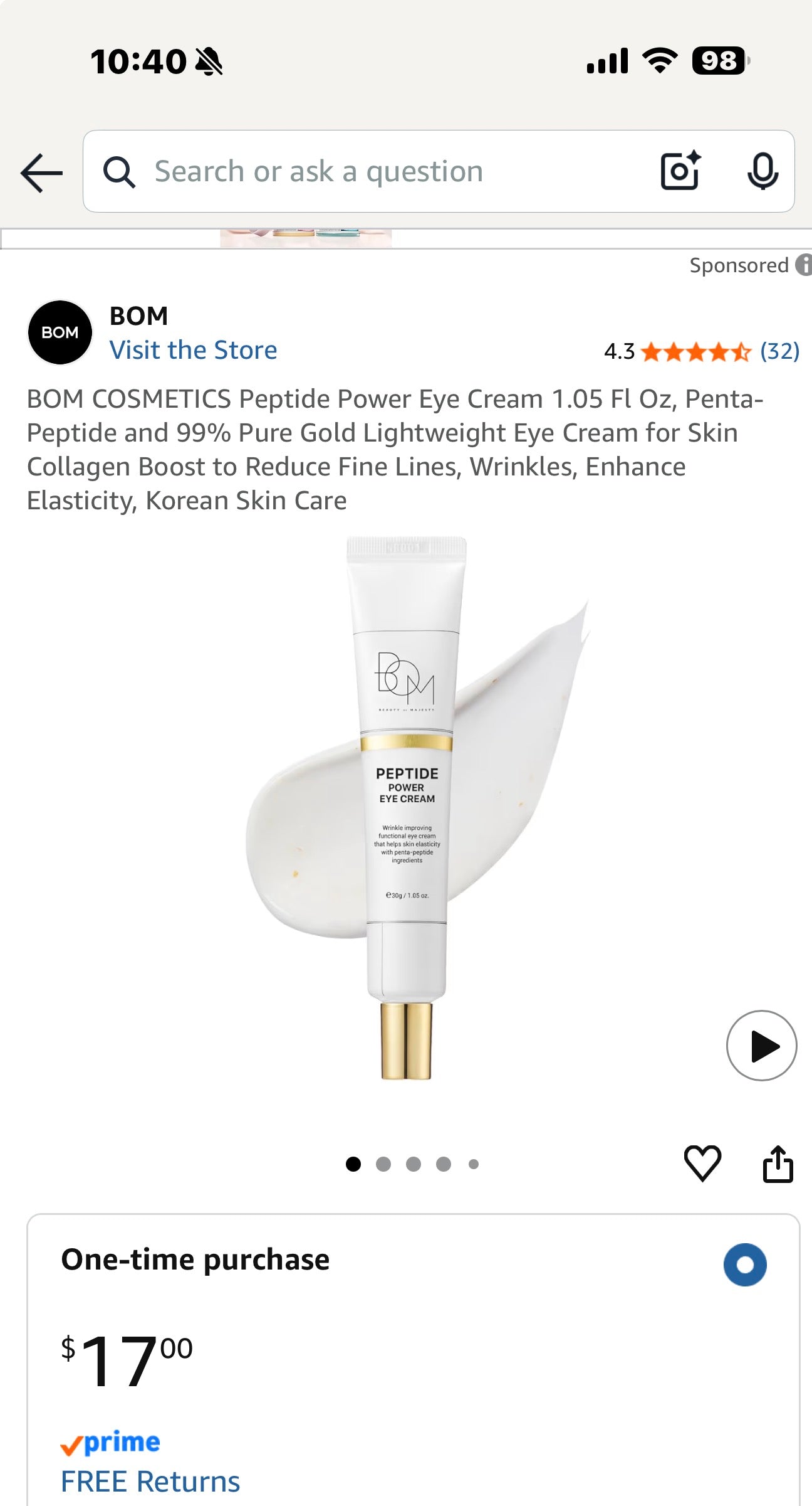 BOM COSMETICS Peptide Power Eye Cream 1.05 Fl Oz, Penta-Peptide and 99% Pure Gold Lightweight Eye Cream for Skin Collagen Boost to Reduce Fine Lines, Wrinkles, Enhance Elasticity, Korean Skin Care
