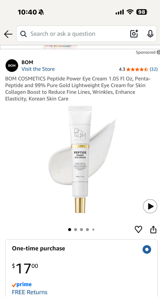 BOM COSMETICS Peptide Power Eye Cream 1.05 Fl Oz, Penta-Peptide and 99% Pure Gold Lightweight Eye Cream for Skin Collagen Boost to Reduce Fine Lines, Wrinkles, Enhance Elasticity, Korean Skin Care