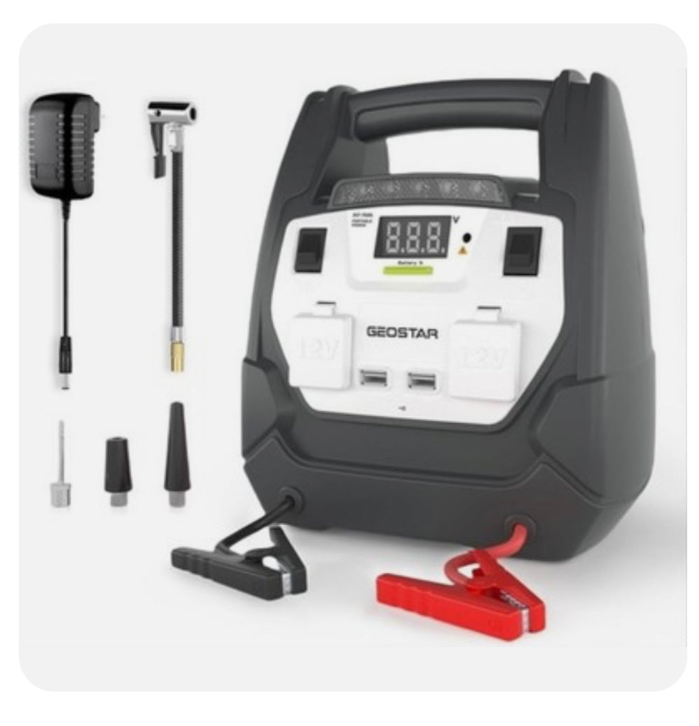 GEOSTAR 4-in-1 Jump Starter with Air Compressor 150PSI, 750A Portable Battery for 8.0L and 6.0L Engines, with Smart Jumper Cable, 2 USB Ports, 2 DC Ports, LED Light