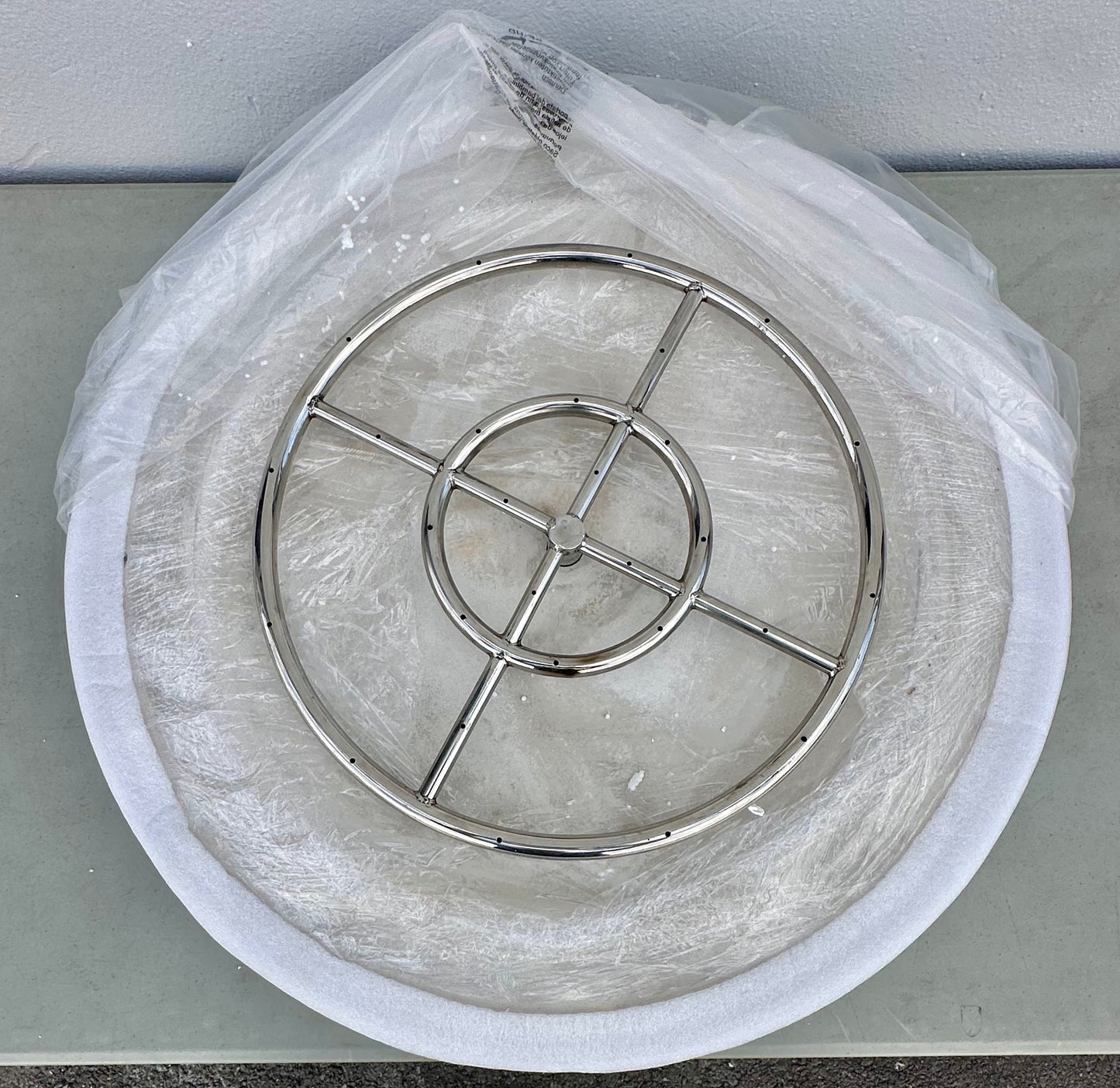PONDO Versatile 26-inch Round Cement Gas Fire Pit Kit with Blue Fire Glass, Natural Light Yellow Organic Finish Enchanting Fireplace for Garden Courtyard, Patio, Camping, Outdoor Heating, Bonfire (R682)
