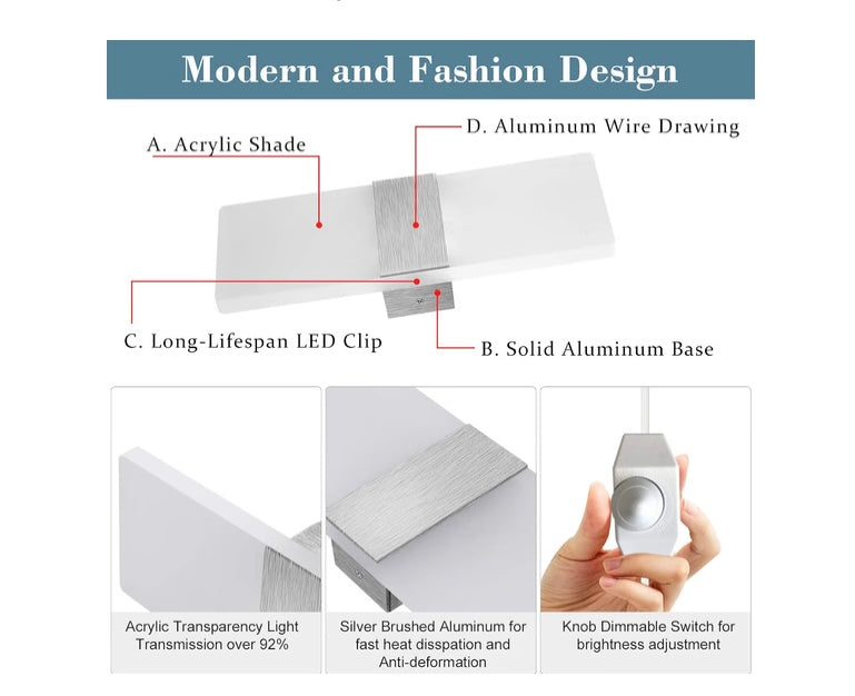 Lightess Dimmable Wall Sconces Plug in Set of 2, Modern Wall Lamp 12W Acrylic LED Wall Light Fixture for Living Room Bedroom Corridor, Cool White