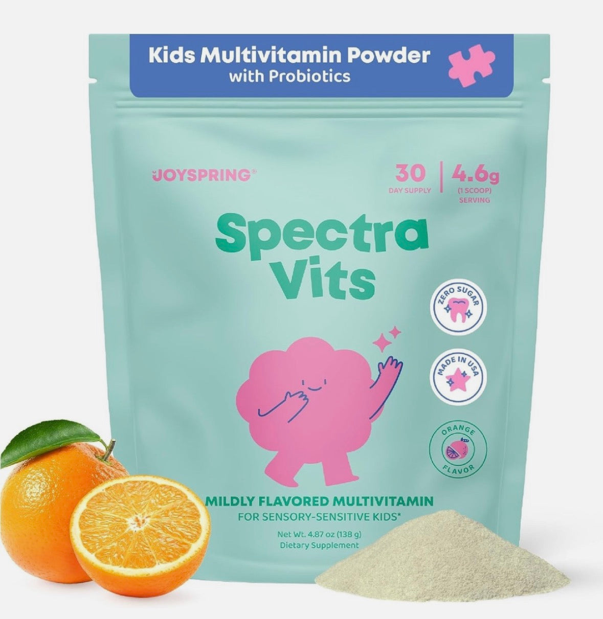 JoySpring Kids Multivitamin Powder - Spectra Vits – 23 Essential Kids Daily Vitamins & Minerals, Sugar-Free, Digestive Enzymes, Fiber, Antioxidants, Methylated B12, Mild Orange Flavor – 30 Servings