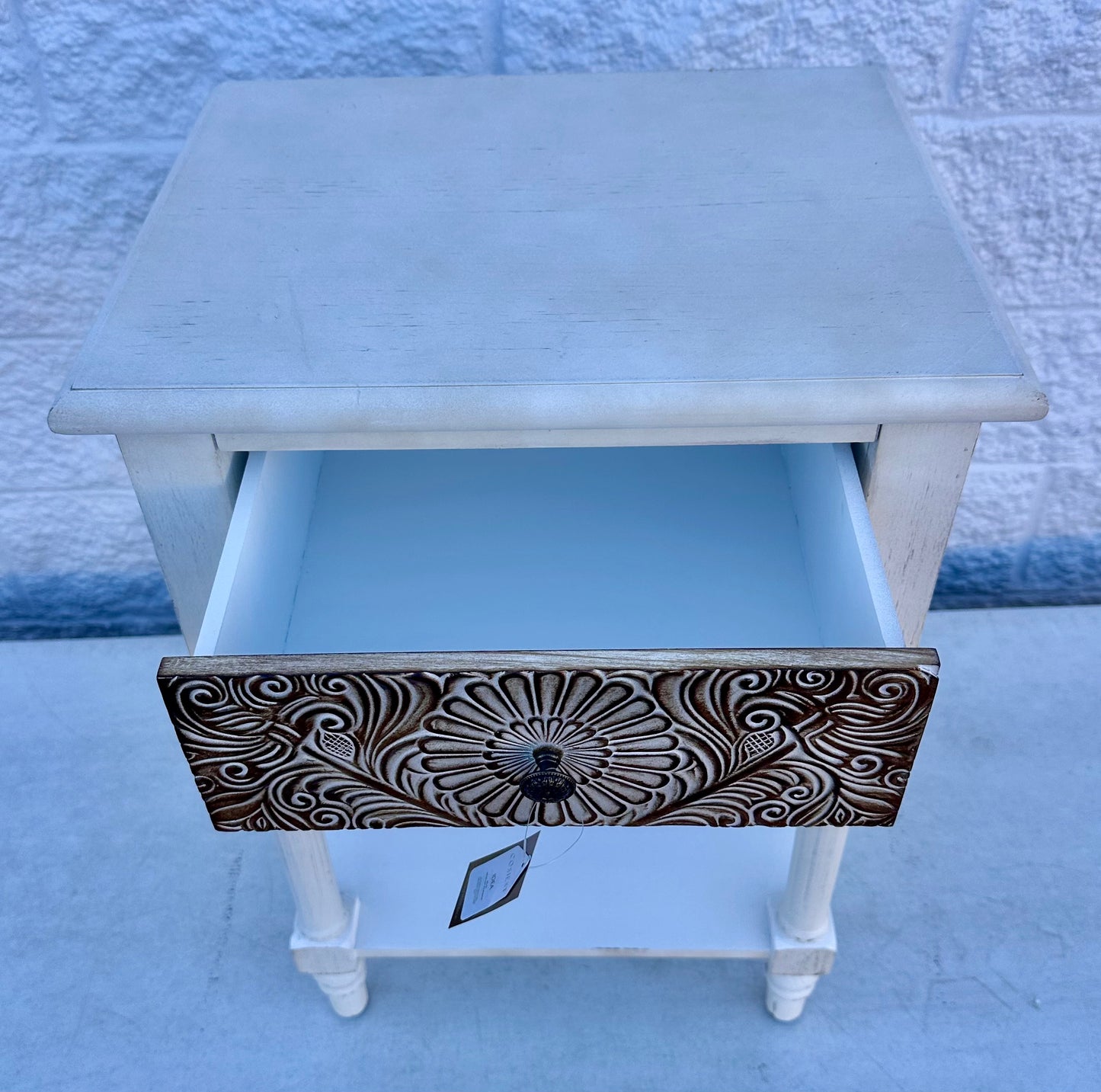 HOMPUS Fully Assembled Farmhouse Nightstand with Drawer and Shelf, Vintage Nightstand with Flower Pattern, Wood Small Accent Bedside Table Night Stand for Living Room, Bedroom, Distress White (L1108)