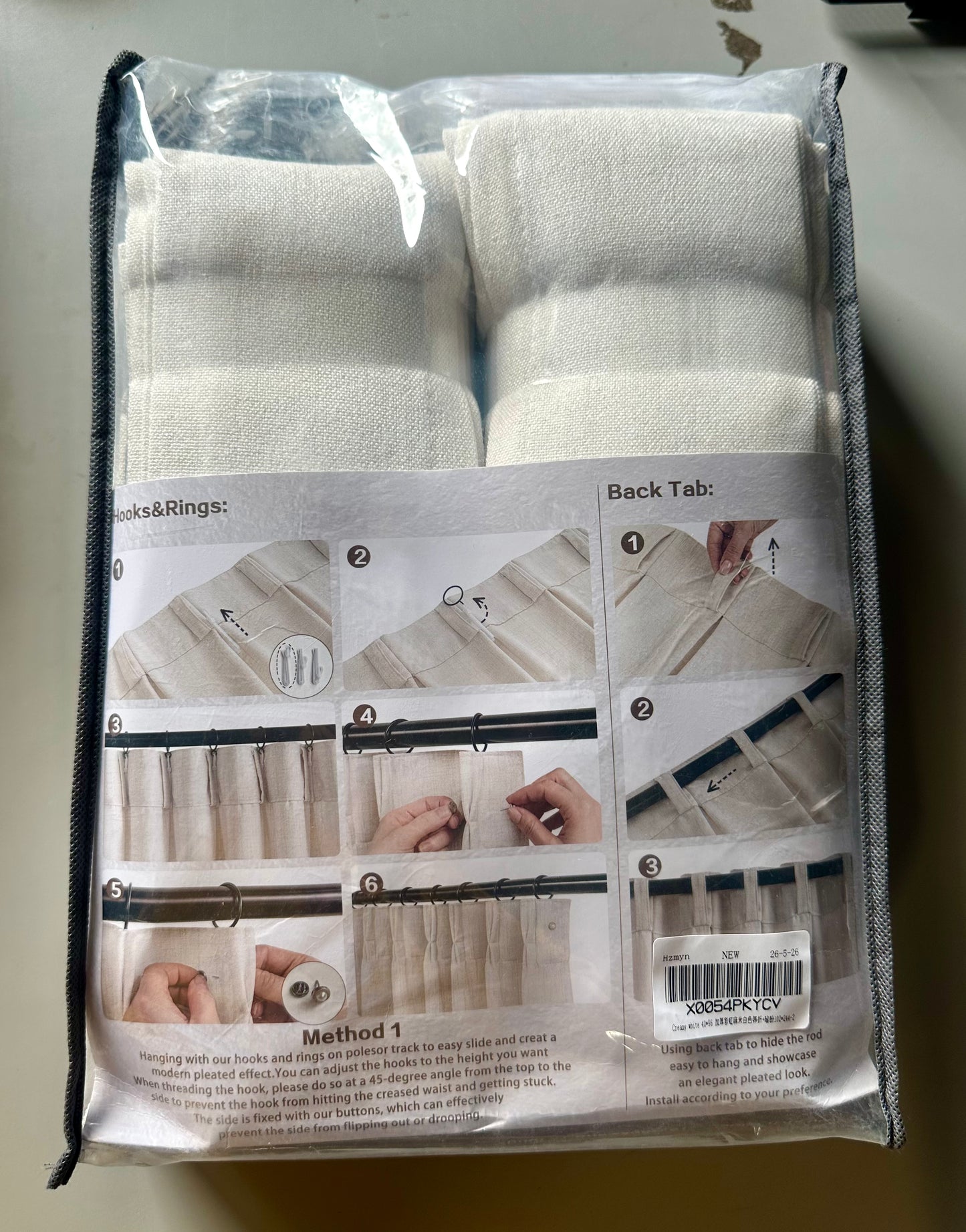 Ivory Pinch Pleated Linen Curtains, 40” Wide x 96” Long, 2-Panel Light-Filtering Drapes With Back Tabs and Hooks; Neutral Boho Window Panels for Bedrooms and Living Rooms.