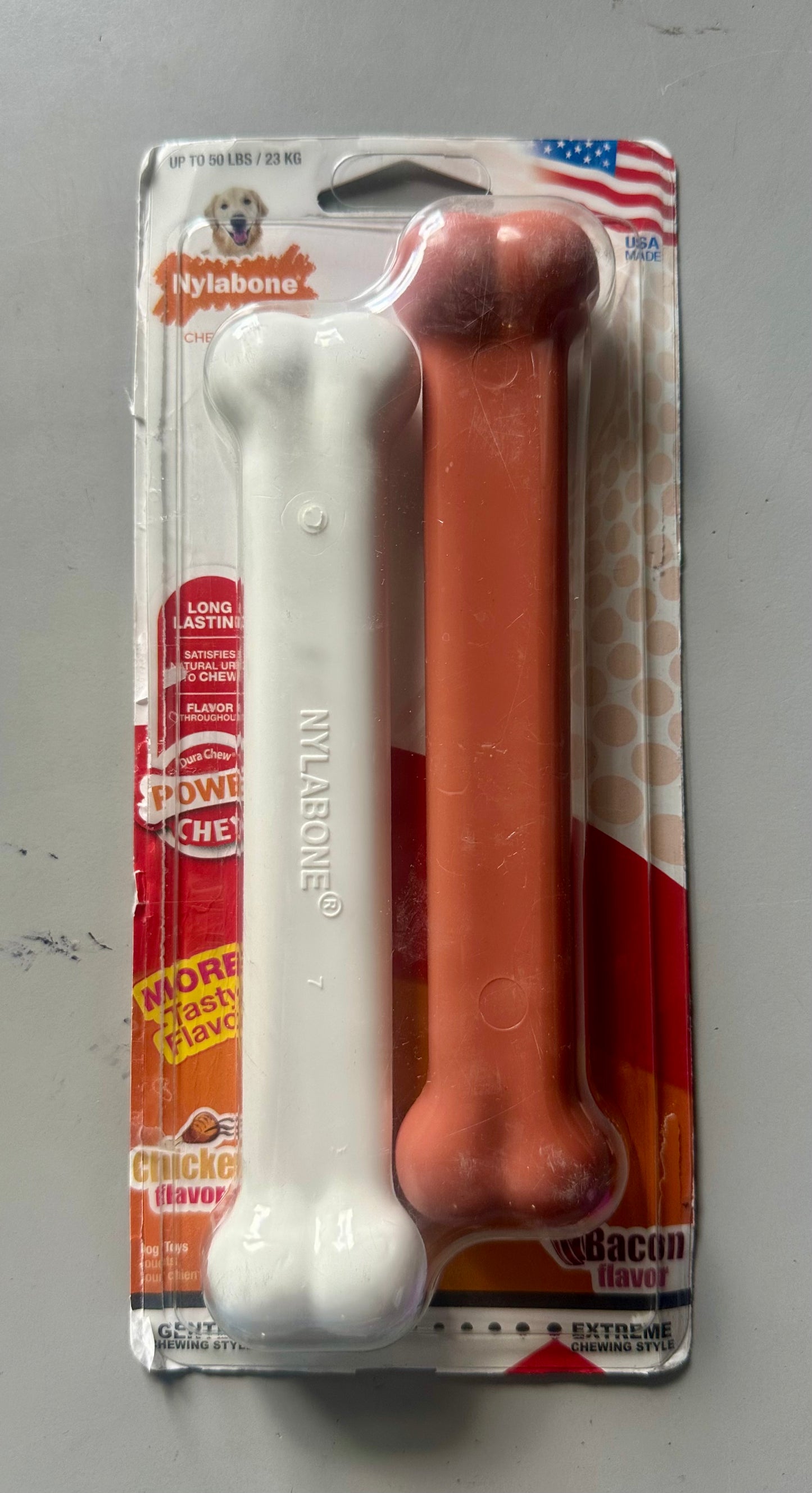 Nylabone Original Bone Power Chew Toys for Dogs, Durable & Tough Dog Toys for Aggressive Chewers, Basted Blast Chicken Flavor, Large/Giant - Up to 50 lbs, 2 Count