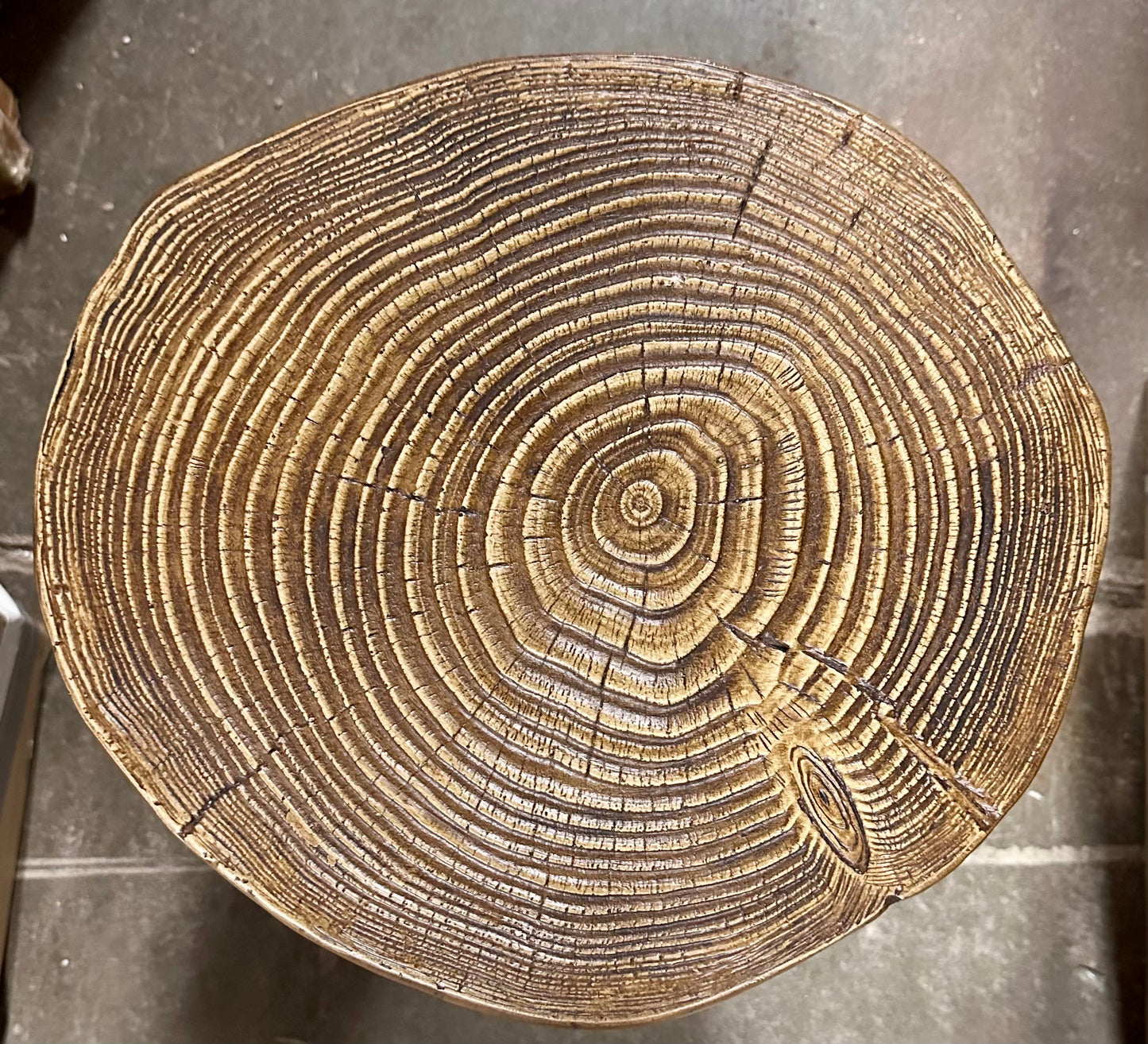 COSIEST Outdoor End Table Walnut Colored Faux Wood, Hand-Painted Wood Stump Stool, Ottoman or Plant Stand, Deck or Garden (L1092)