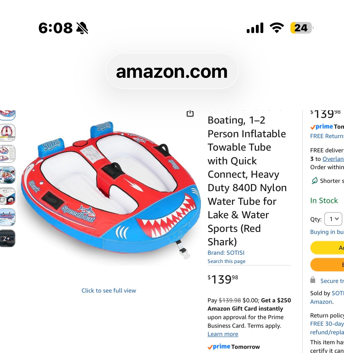 Towable Tube for Boating, 1–2 Person Inflatable Towable Tube with Quick Connect, Heavy Duty 840D Nylon Water Tube for Lake & Water Sports (Red Shark)