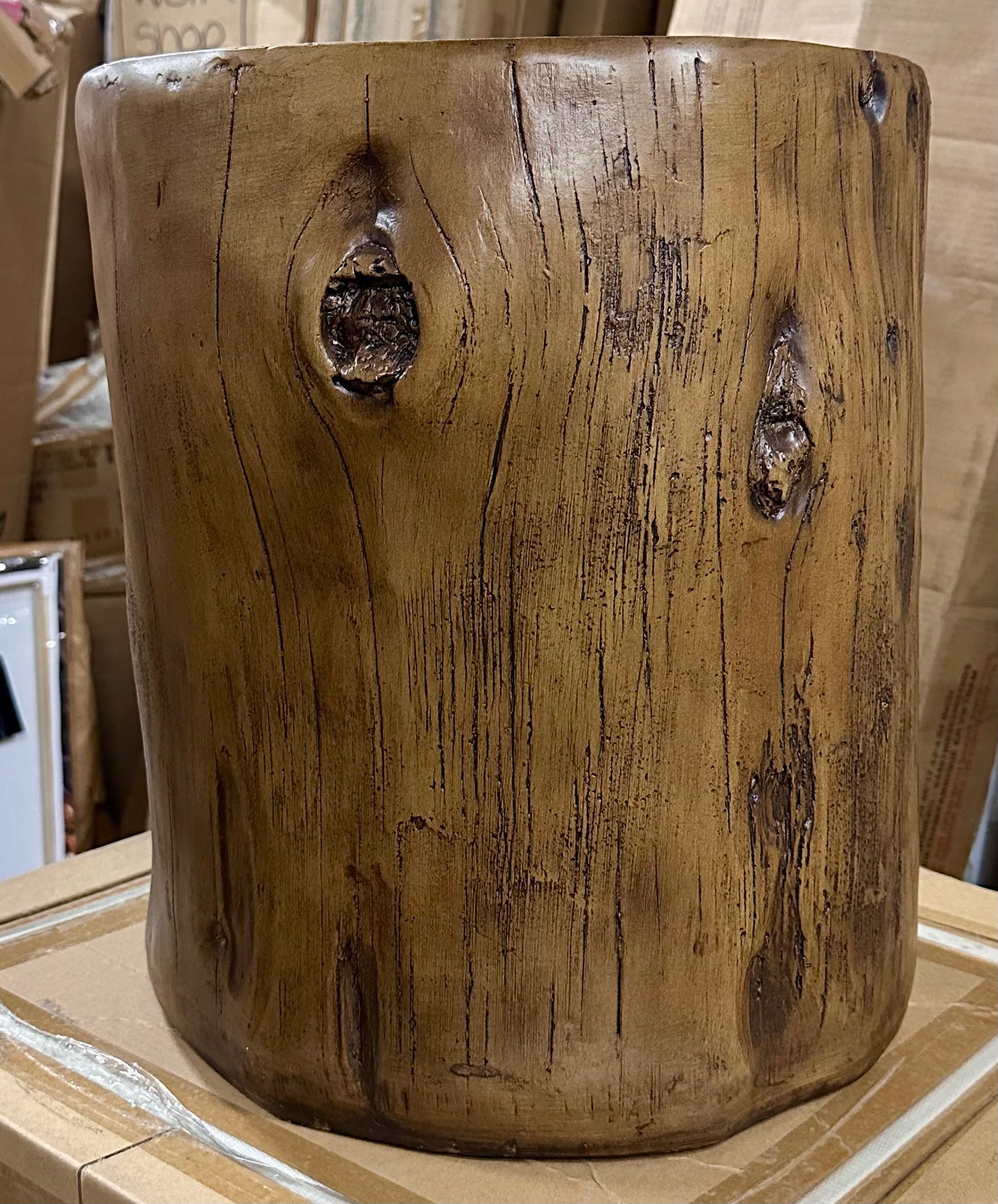 COSIEST Outdoor End Table Walnut Colored Faux Wood, Hand-Painted Wood Stump Stool, Ottoman or Plant Stand, Deck or Garden (L1092)