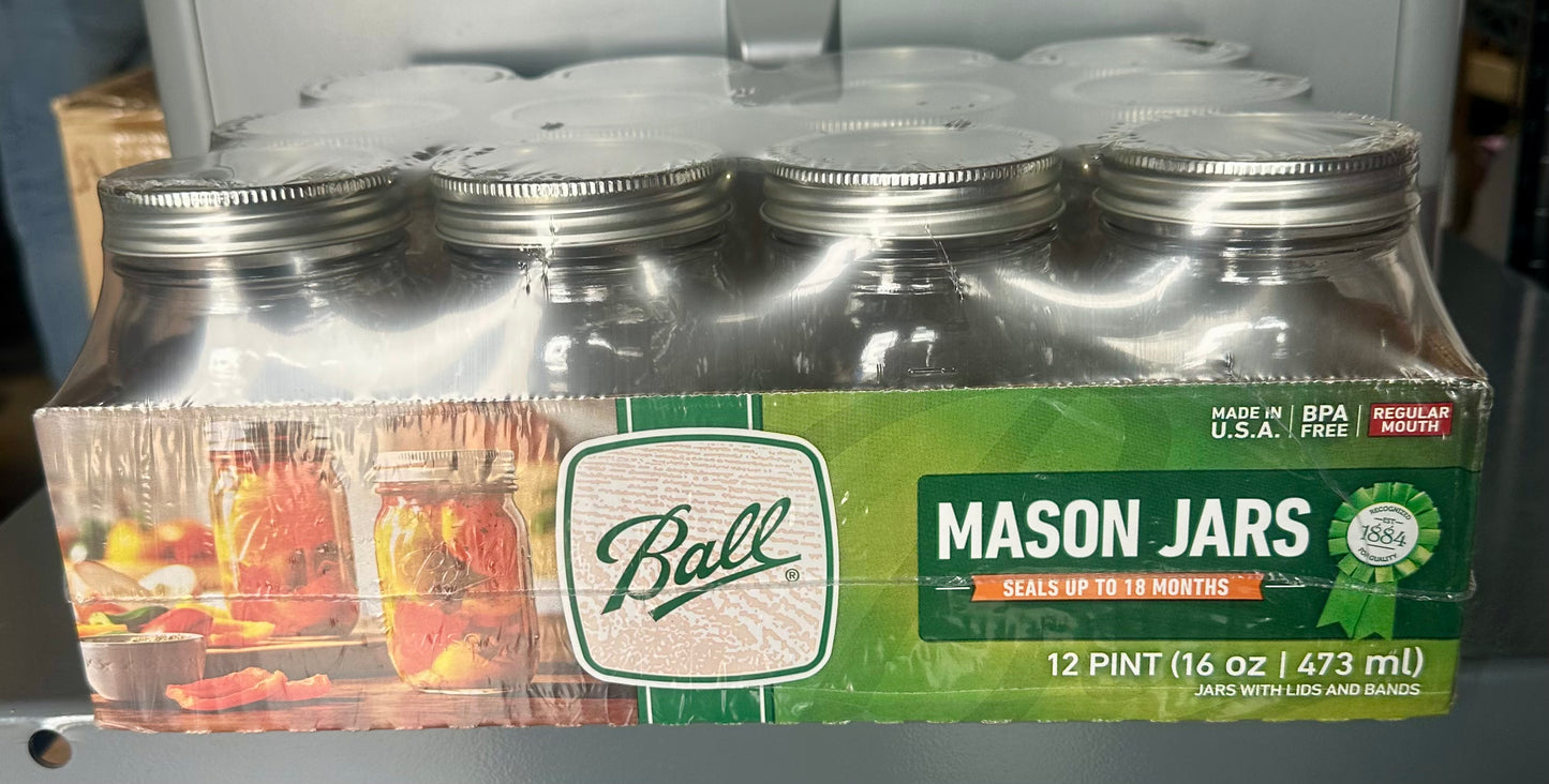 Ball - 16oz Regular Mouth Jars with Lids & Bands 12 Pack Jars, Large Glass Mason Jar for Food Storage with airtight Lid, 0.125 Gallon Glass Jar with Lid and Bands, Set of 12 to