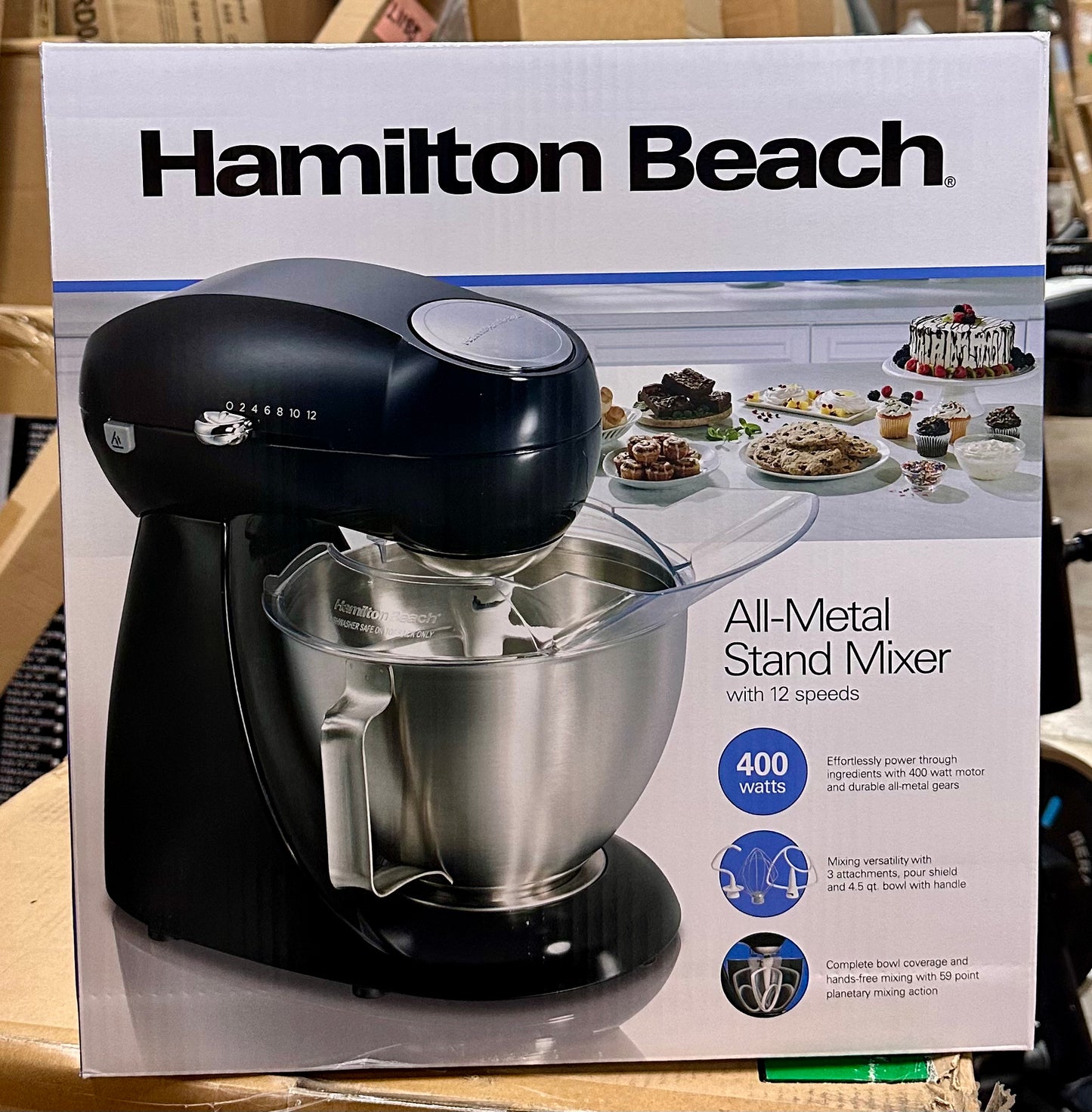 Hamilton Beach Die-Cast Metal Classic Electric Stand Mixer, 12 Speeds, 4.5-Quart Stainless Steel Bowl, Includes Flat Beater, Whisk, Dough Hook & Pour Shield, Powder-Coated Black Finish (R897)