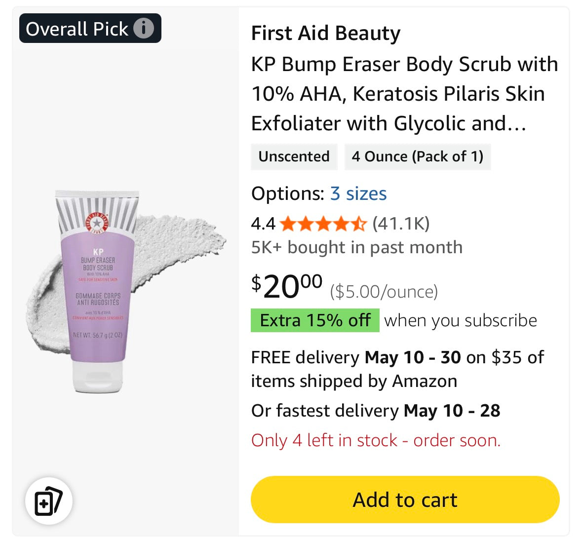 First Aid Beauty - KP Bump Eraser Body Scrub with 10% AHA, Keratosis Pilaris Exfoliator with Glycolic and Lactic acids, Helps Reduce Chicken Skin Bumps, Safe for Sensitive Skin, Strawberry Scent, 8 oz