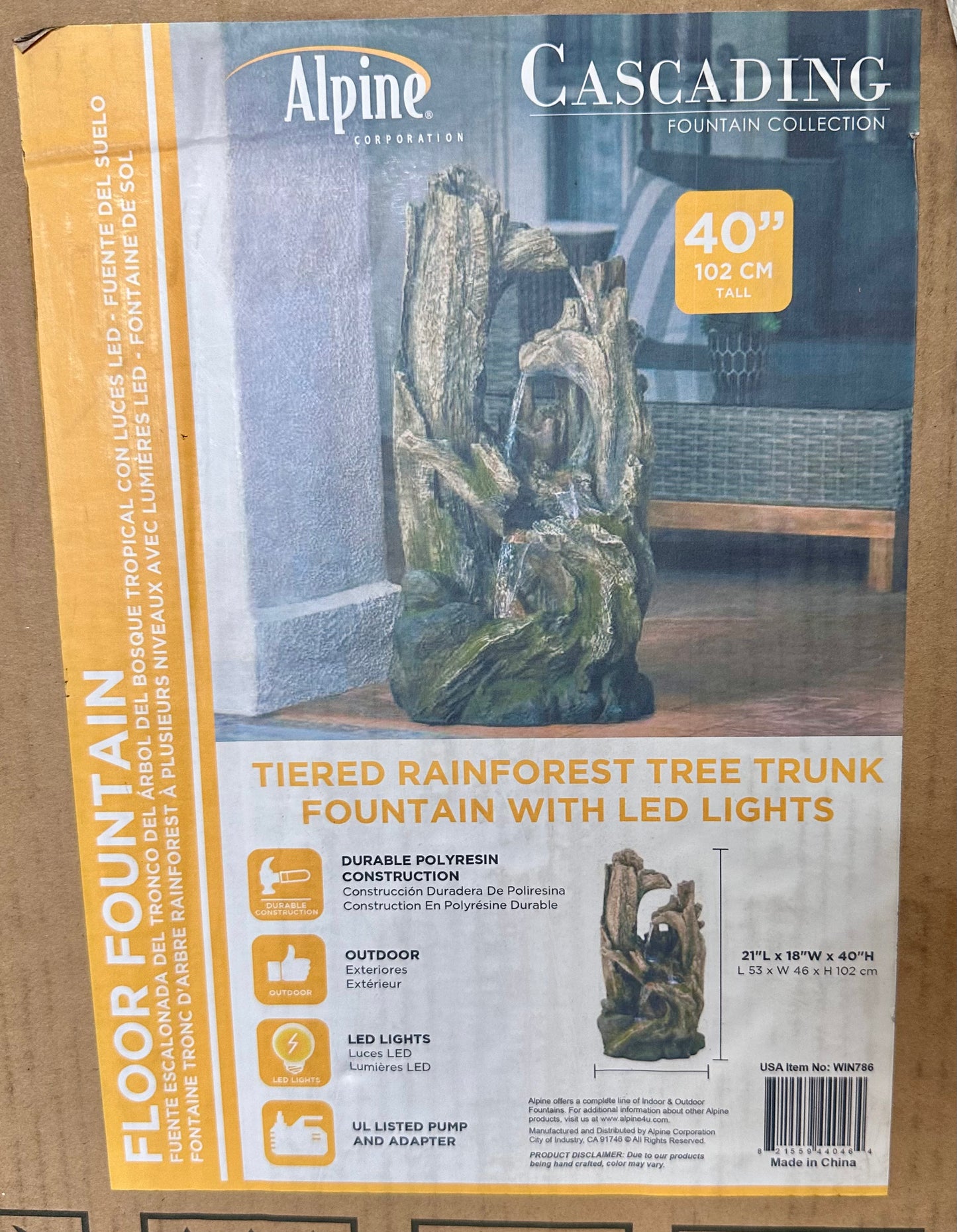 New - 4 Tier Rainforest Tree Trunk Waterfall Fountain with LED Lights, 40” High, Alpine Corporation WIN786 (W442)