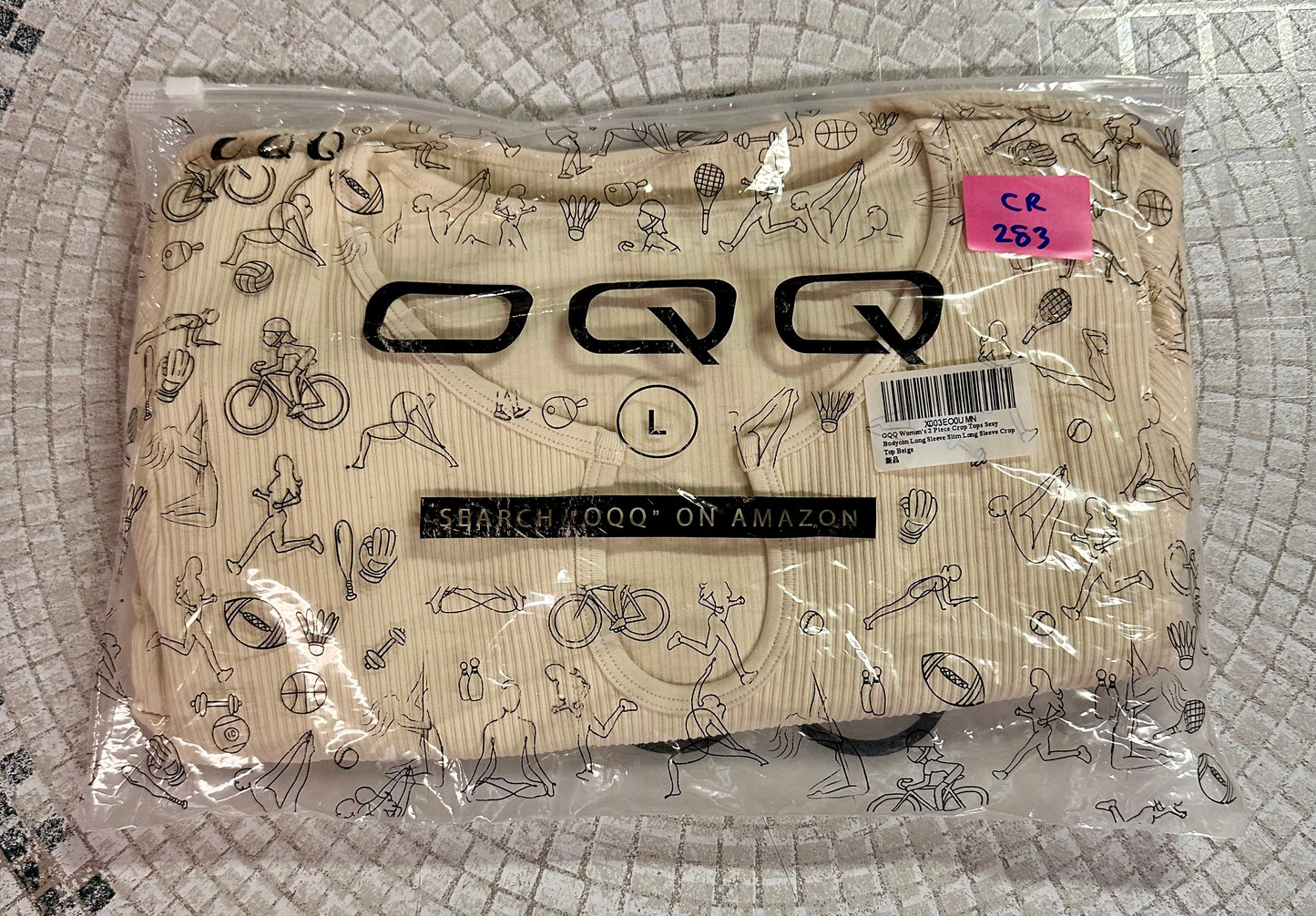 2-pack Long Sleeve Ribbed Knit Casual Basic Crop Tops, Different Neck Lines, Cream (Size Large)