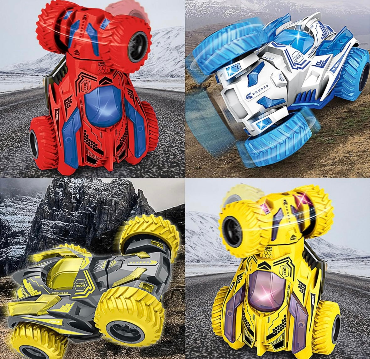 Friction Stunt Cars with 360 Rotating Front Wheels - 4 Differently Colored Hand Held Push-Powered Stunt Cars