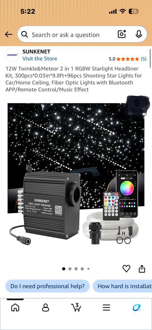 12W Twinkle&Meteor 2 in 1 RGBW Starlight Headliner Kit, 300pcs*0.03in*9.8ft+96pcs Shooting Star Lights for Car/Home Ceiling, Fiber Optic Lights with Bluetooth APP/Remote Control/Music Effect