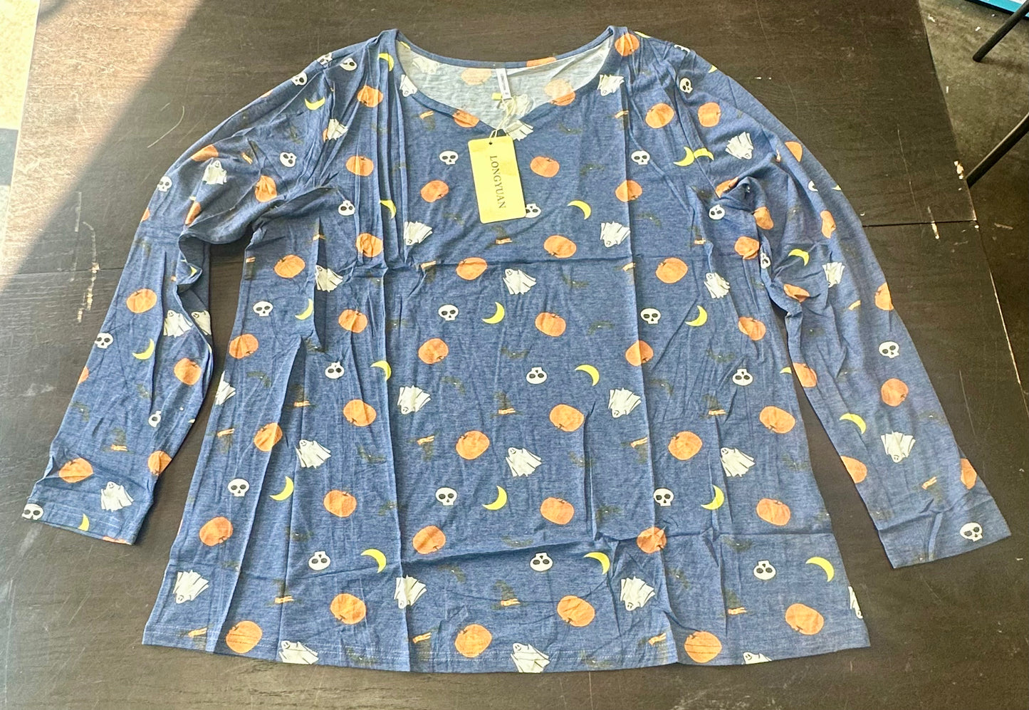 LONGYUAN Women's Long Sleeve Top, V-Neck, Plus Size Halloween Blue (Size 2XL)