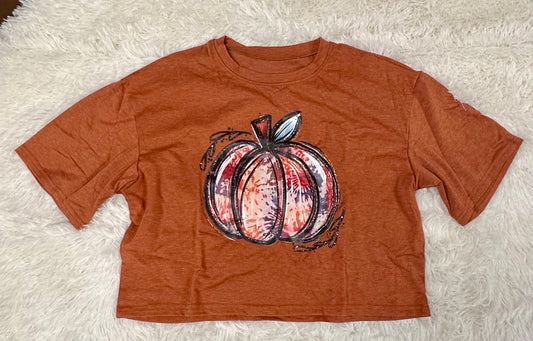 Women’s Loose Fit Casual Crop Top Pumpkin Graphic Tee (Size Large)