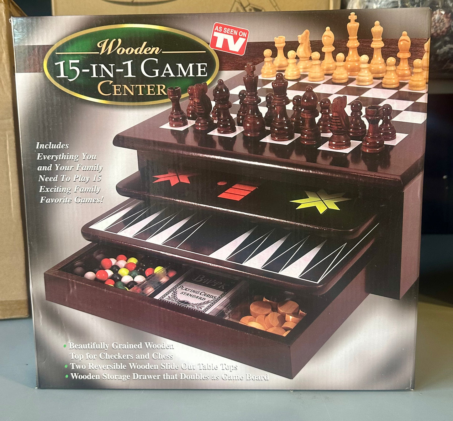 Deluxe 15 in 1 Tabletop Wood-accented Game Center with Storage Drawer (Checkers, Chess, Chinese Checkers, Parcheesi, TicTacToe, SOlitaire, Snakes and Ladders, Mancala, Backgammon, Poker Dice, Playing Cards, Go Fish, Old Maid, and Dominos)