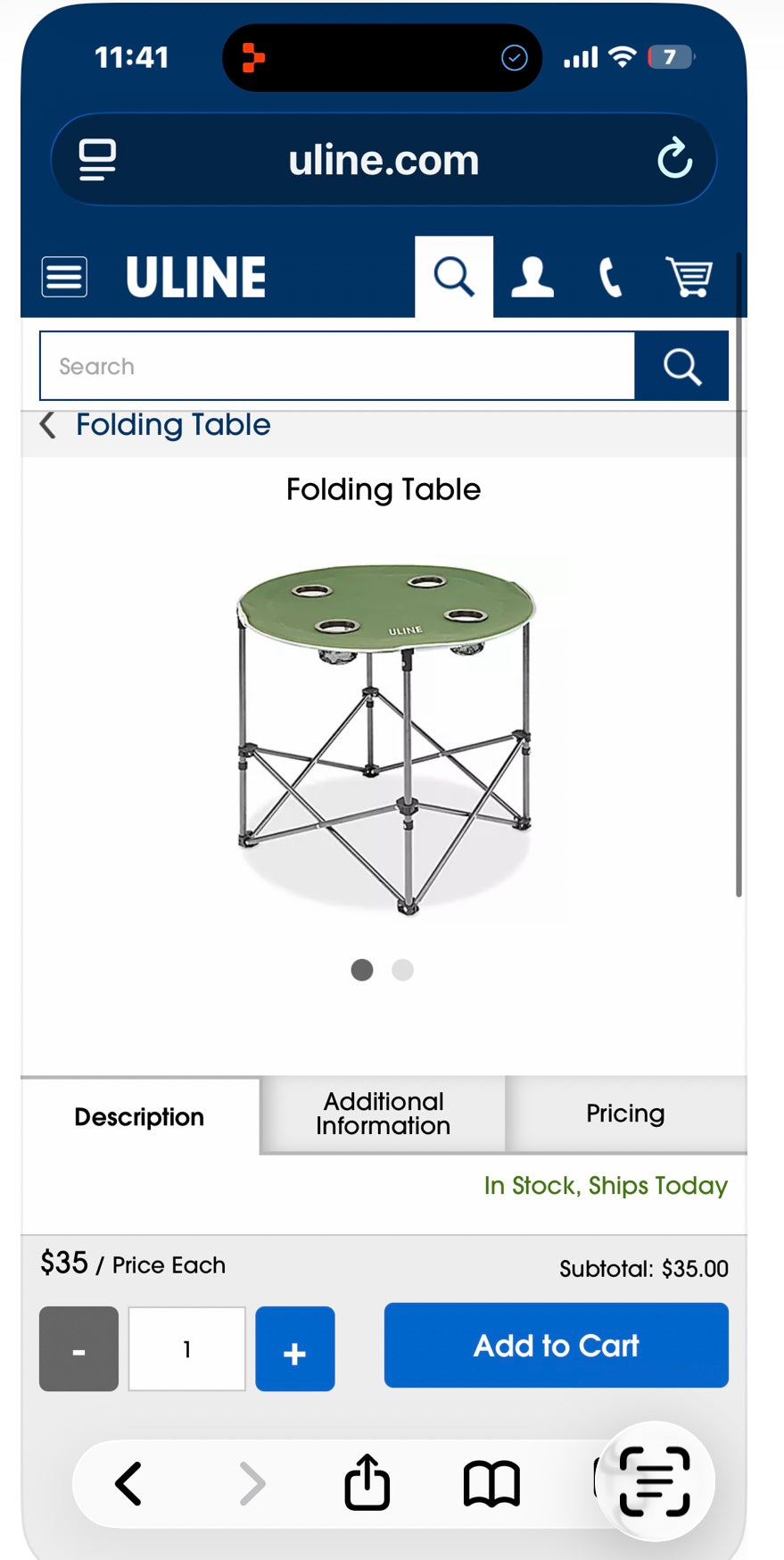 ULINE Folding Camp Table with Built In Cup Holders, 30”x40”x24”