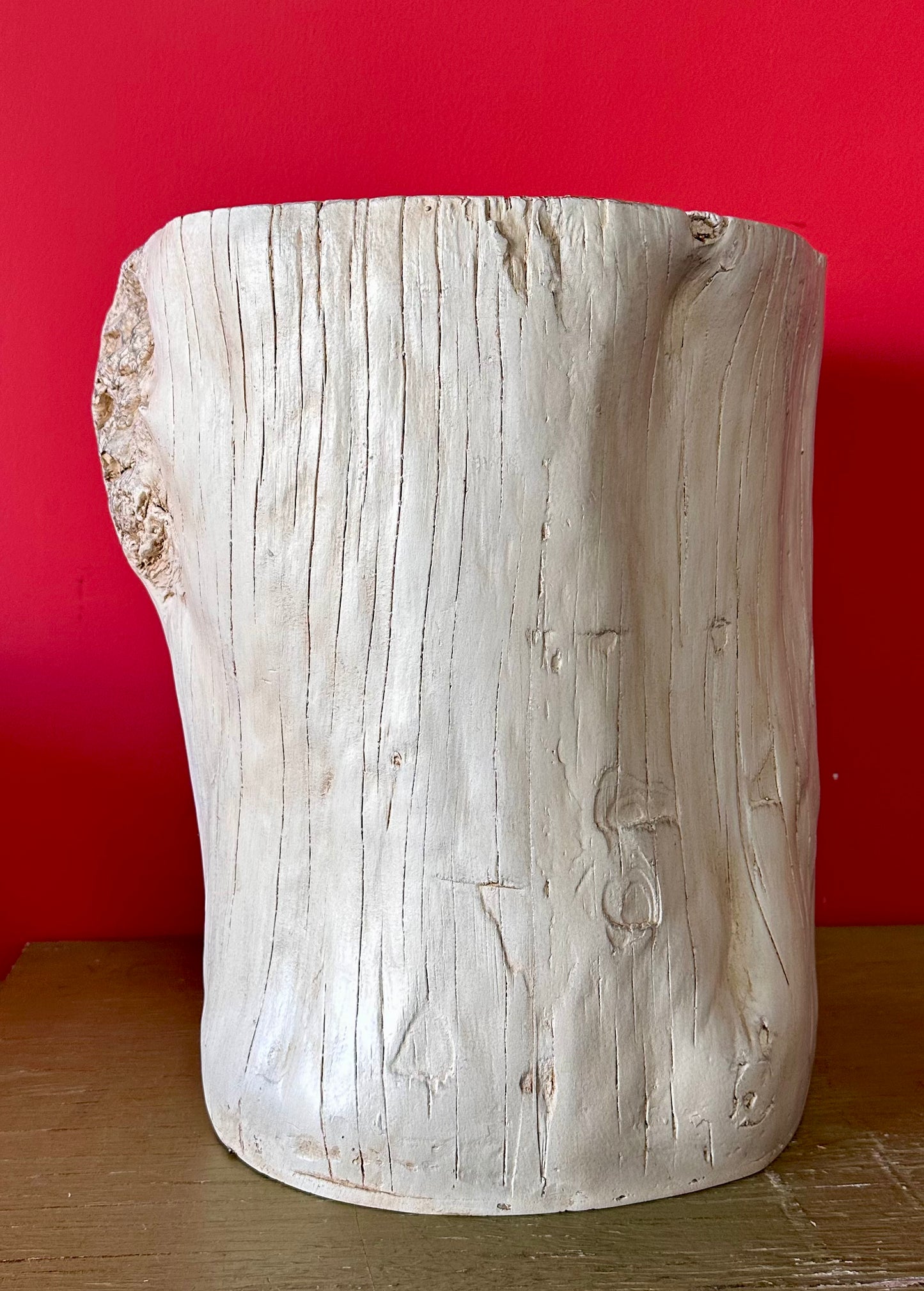 COSIEST Outdoor Antique Beige Side Table, Faux Wood, Hand-Painted Wood Stump Stool, Ottomans, Plant Stand, Decor (L1100)