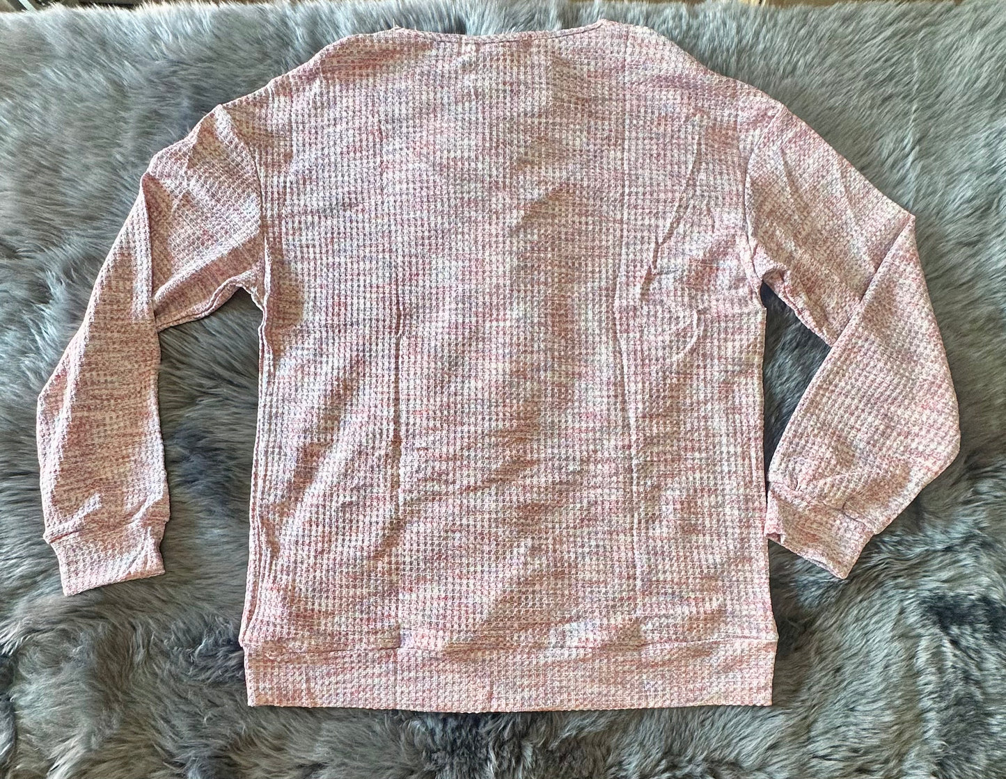 Womens Autumn Waffle Knit Pullover V Neck Blouse, Oversized Solid Casual Button Sweater Pink (Size Medium)