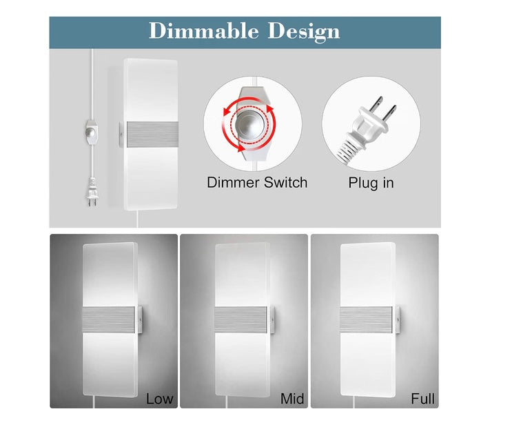 Lightess Dimmable Wall Sconces Plug in Set of 2, Modern Wall Lamp 12W Acrylic LED Wall Light Fixture for Living Room Bedroom Corridor, Cool White