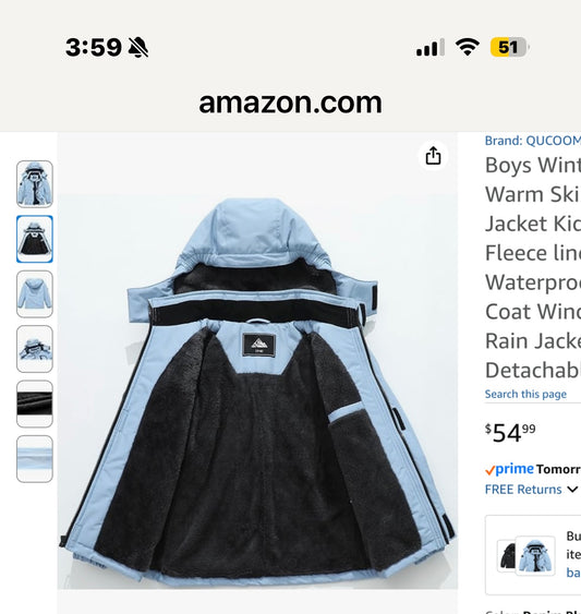 Boys Winter Warm Skiing Jacket Kids Thick Fleece lined Waterproof Snow Coat Windproof Rain Jacket with Detachable Hood