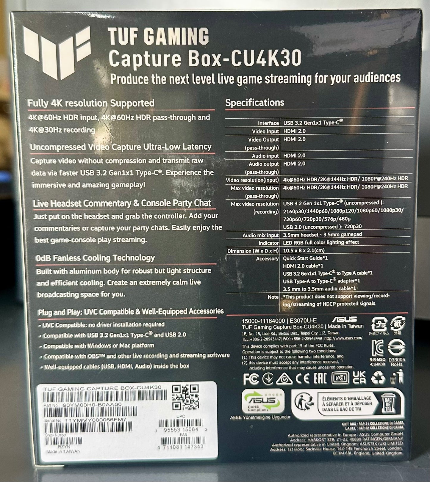 ASUS TUF Gaming Video Capture Card (CU4K30) 4K/2K/1080P 120 FPS & HDR Passthrough, Near-Zero Latency, Certified for OBS, USB 3.2, Plug & Play, Record & Stream with PC, PS5, Xbox, Switch