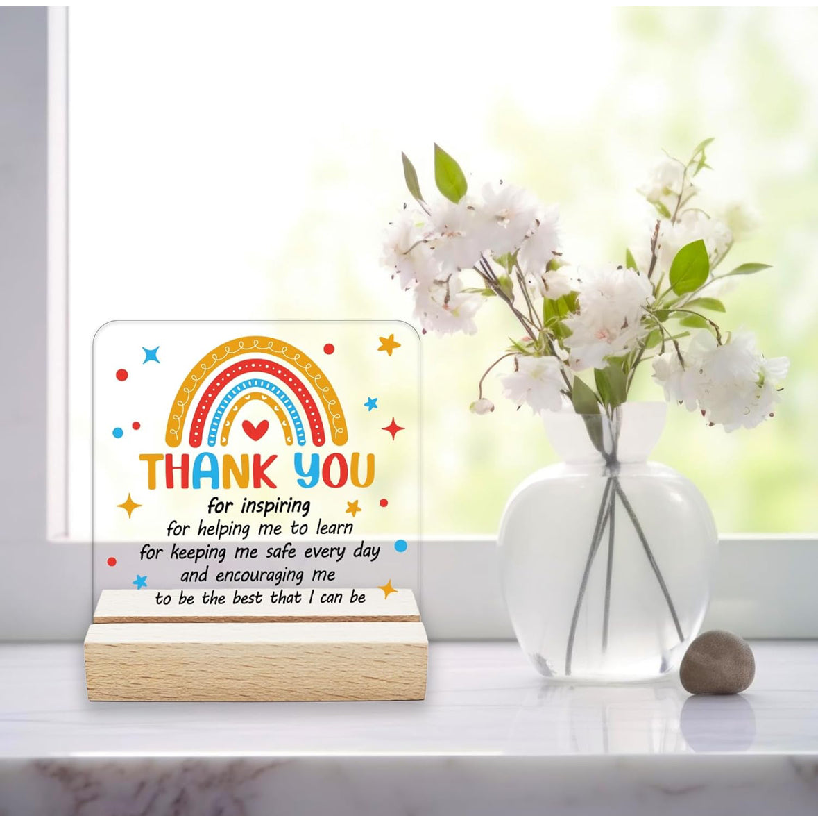 Thank You Teacher Gifts Thank You for Inspiring & Helping Me to Learn Acrylic Sign Gifts Birthday Gifts Clear Desk Sign Keepsake Acrylic Plaque with Wood Stand for Home Office Decor 4x4 Inch