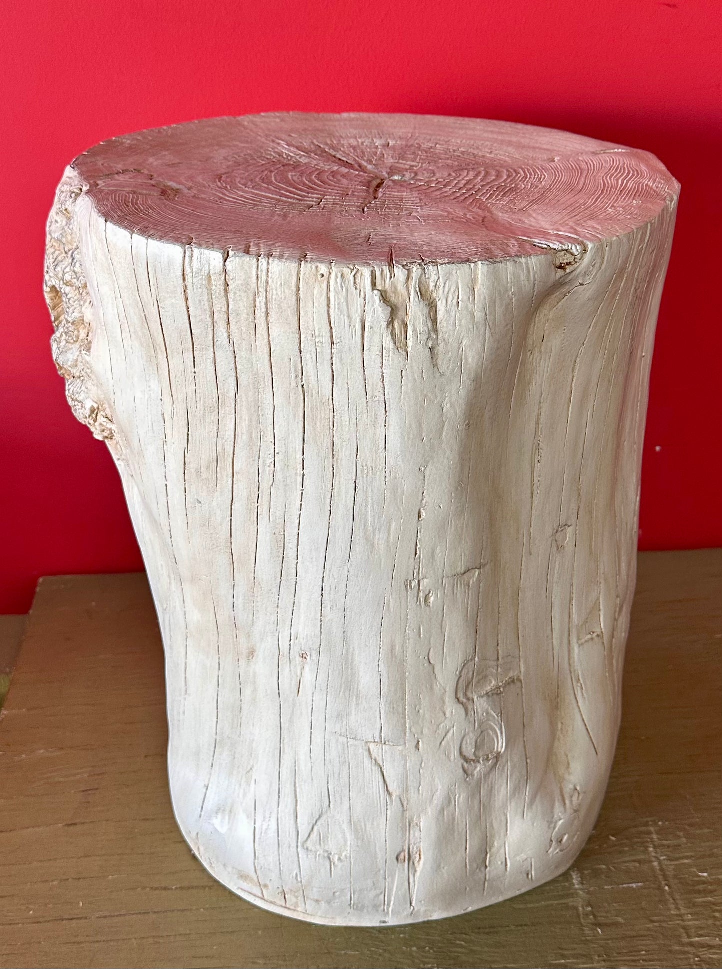 COSIEST Outdoor Antique Beige Side Table, Faux Wood, Hand-Painted Wood Stump Stool, Ottomans, Plant Stand, Decor (L1100)