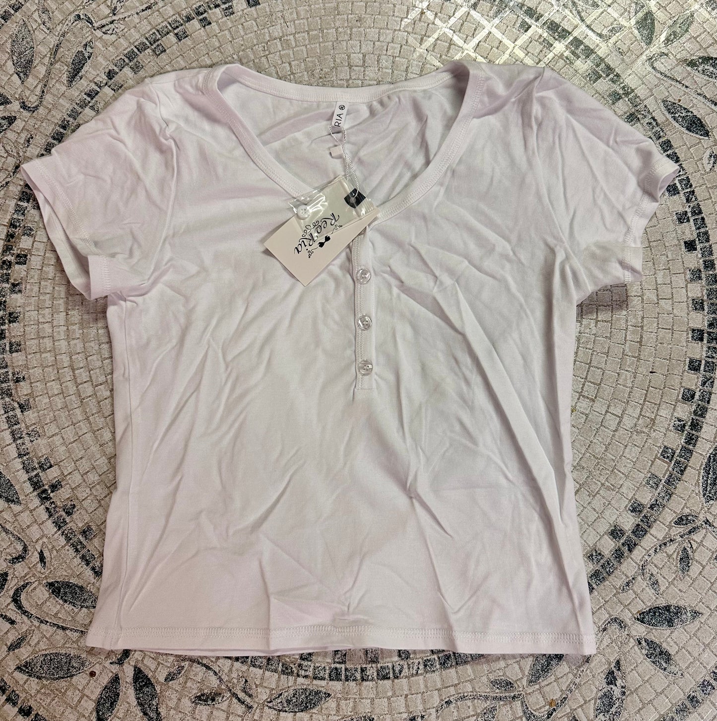 White Casual Summer T Shirt U Neck Pullover Tight Short Sleeved Top (Size XL)