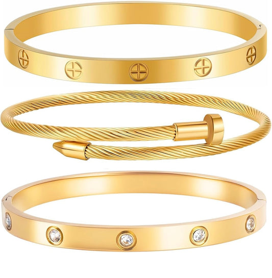Gold Bracelets for Women-3 Sets,18K Gold Plated Bracelet,Stainless Steel Bangle Bracelets Non Tarnish