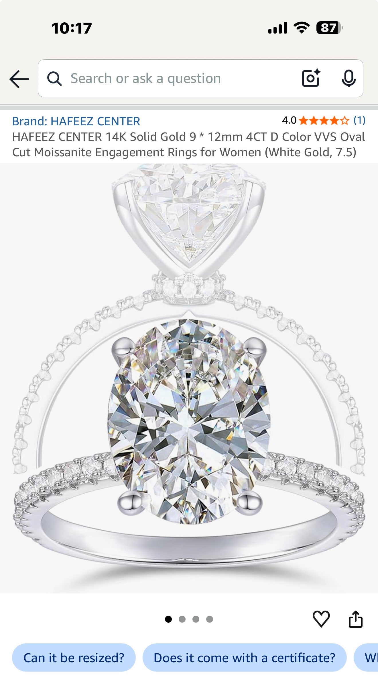 HAFEEZ CENTER 14K Solid Gold 9 * 12mm 4CT D Color VVS Oval Cut Moissanite Engagement Rings for Women (White Gold, 7.5)
