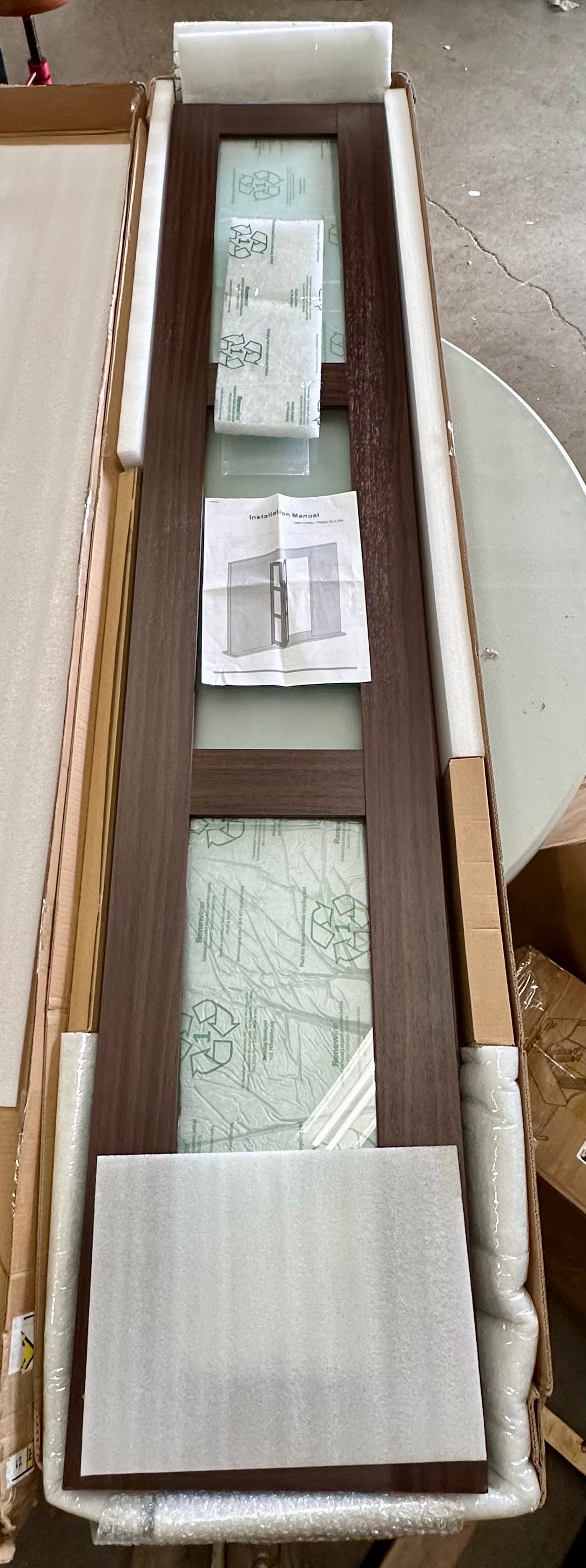 New - JUBEST Bifold Closet Door, 30” Bi fold Interior Doors with Hardware Kit Included, 3-lite Tempered Frosted Glass Panels, Solid Wood Door with MDF & Water-Proof PVC Surface, Brown (L927)