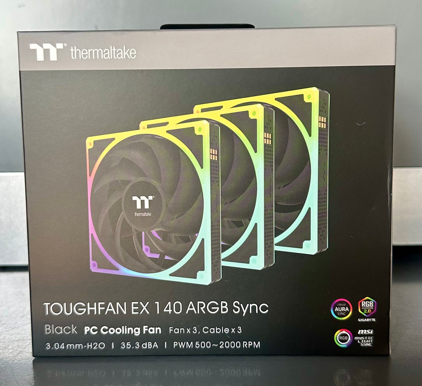 Thermaltake Toughfan EX 140 ARGB Sync; 140mm; 500~2000 RPM; MagForce 2.0; 3.04mm-H2O Static Pressure; Airflow 94.43 CFM; Hydraulic Bearing; 5V 3-Pin Motherboard Sync; 3-Pack; Black; CL-F212-PL14SW-A