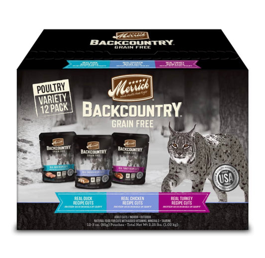 Merrick Backcountry Grain-Free Morsels in Gravy Real Duck, Chicken, Turkey Recipe Cuts Variety Pack Cat Food Pouches, 3-oz, case of 12