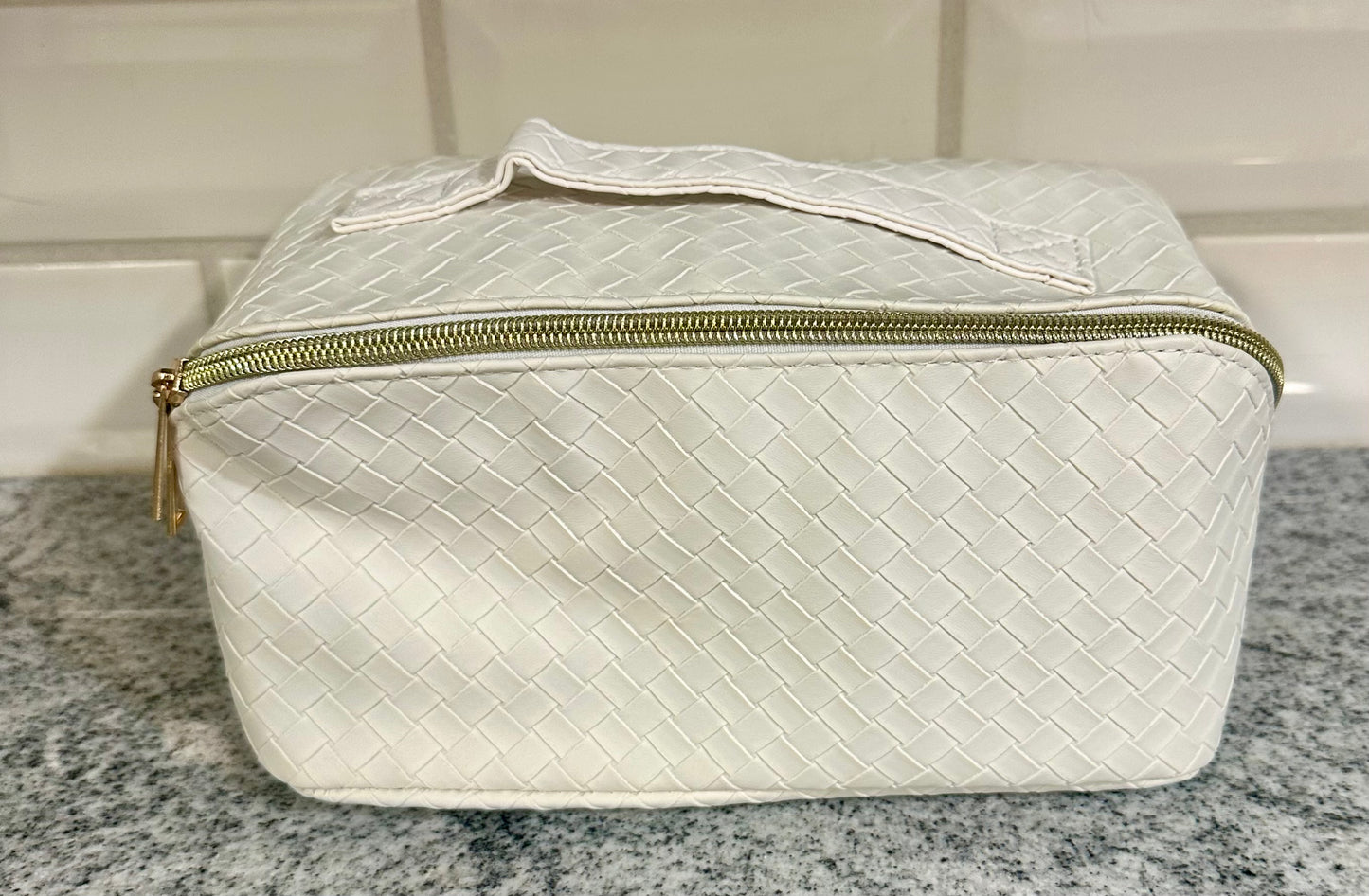 Cosmetic Bag for Women, WideOpen Travel Makeup Bag with Compartment Patented bow handle, Large Capacity Toiletry Bag with 2 pouches for Skincare, Brush, Travel Essentials, Waterproof PU, Beige
