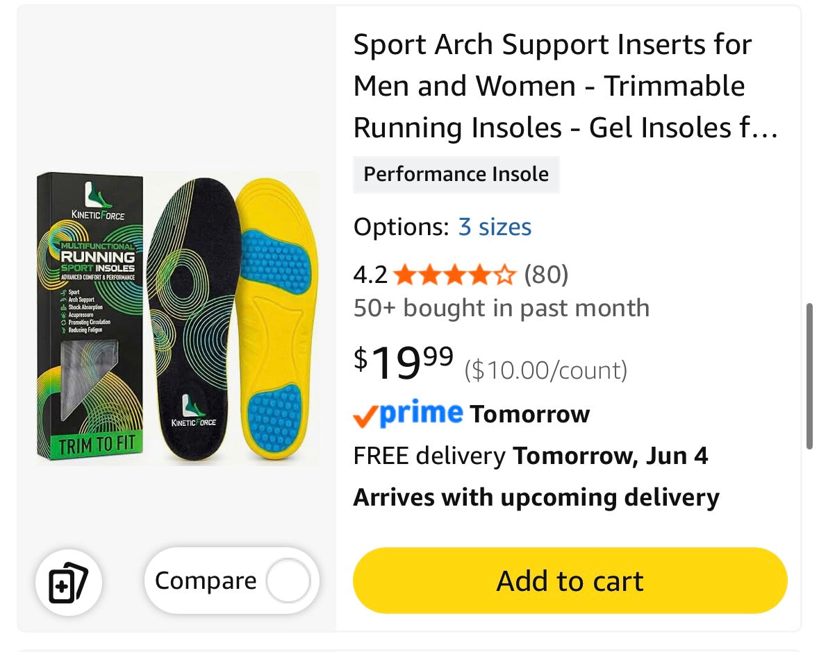 Performance Insoles for Sports, Running, and Fitness - Dynamic Arch Support - Gel Shock Absorption - Plantar Fasciitis - Pain Relief Orthotics - Men & Woman (Size Women's 9-10/Men’s 10.5-11.5)