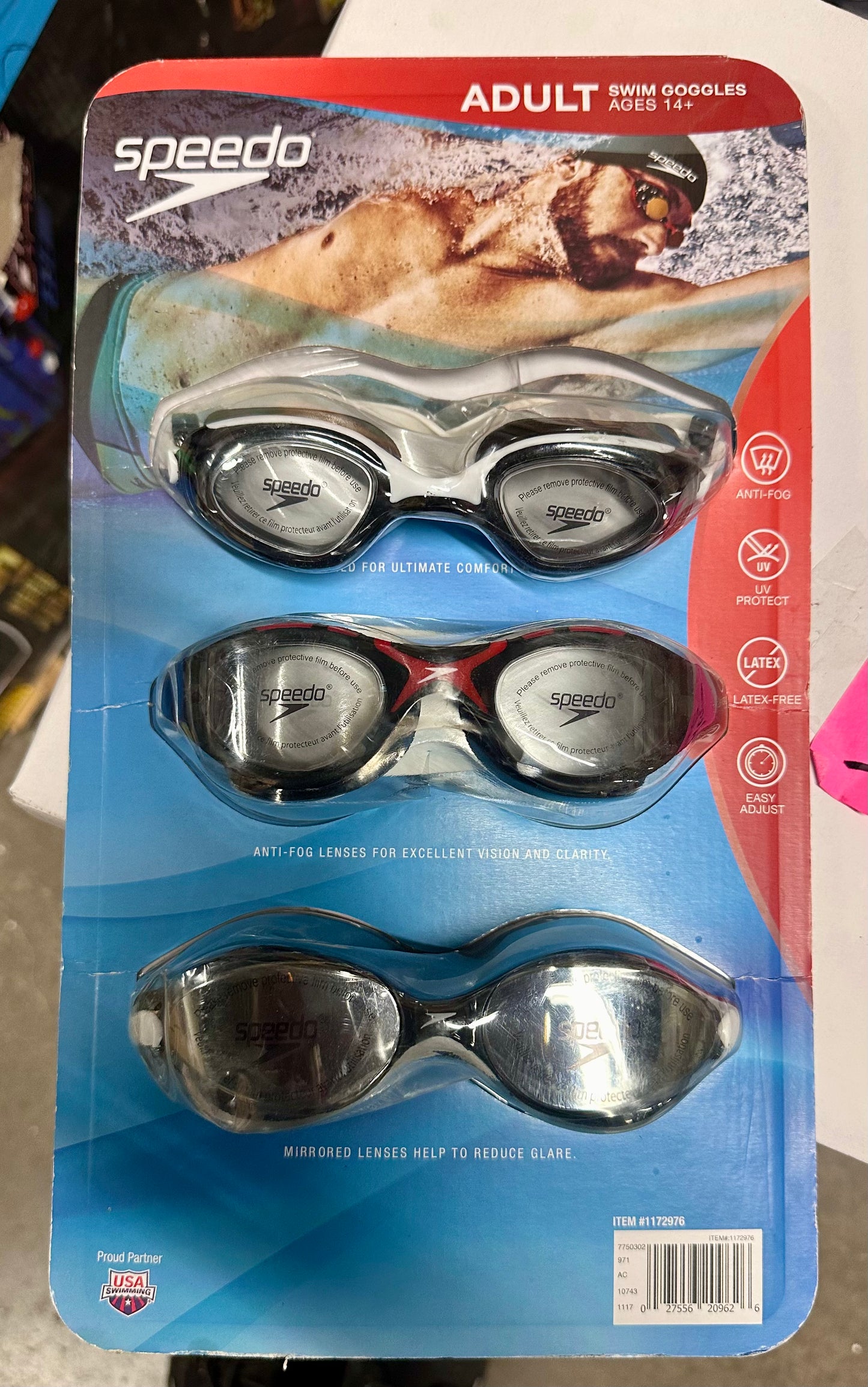 Speedo Adult Swim Goggles 3-Pack - Anti-Fog Lenses, 100% UV Protection, Leak-Proof Fit, Comfortable Split Strap, Ages 15+