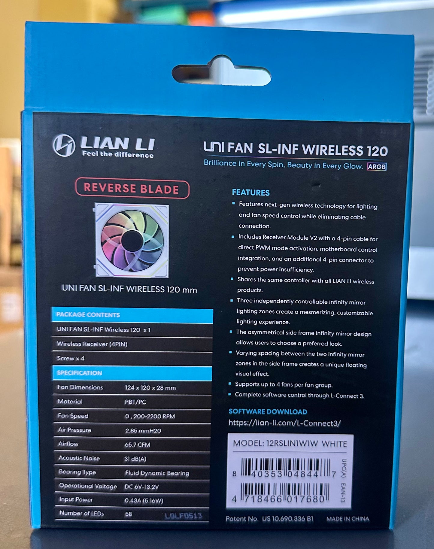 Lian Li UNI Fan SL-Infinity Wireless 120-Single Pack (Reverse Blade)-2.4 GHz Wireless Signal Control-ARGB Fan- Double Infinity Mirror -Daisy-Chain Design- Without Controller - White (12RSLIN1W1W)
